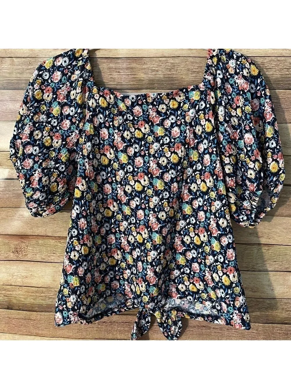 Loft Womens Floral Print Textures Square Neck Puff Sleeve Front Tie Top Size M